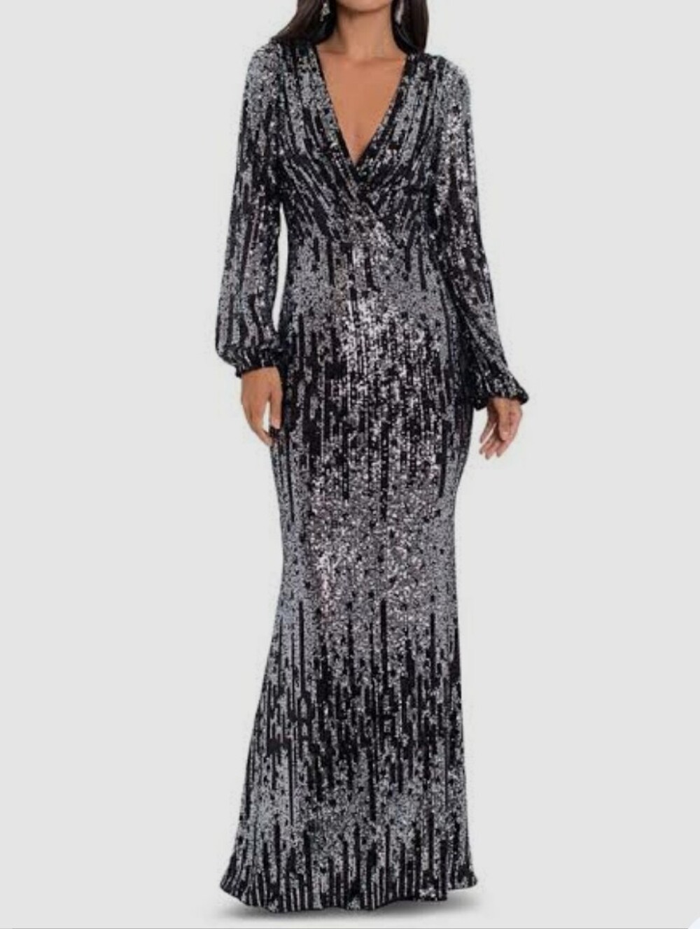 Betsy & Adam Sequin Long Sleeve Elegant Formal Dress